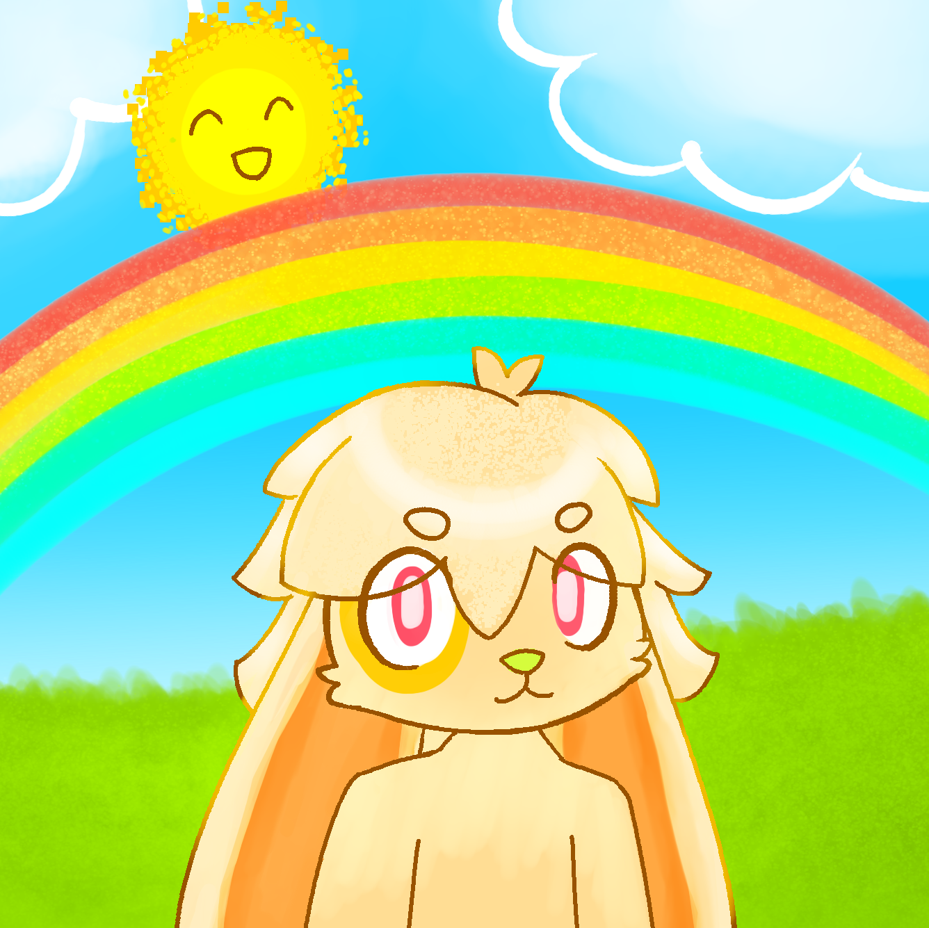 Sundae standing in a sunny grassy field, with sketched clouds and a rainbow.